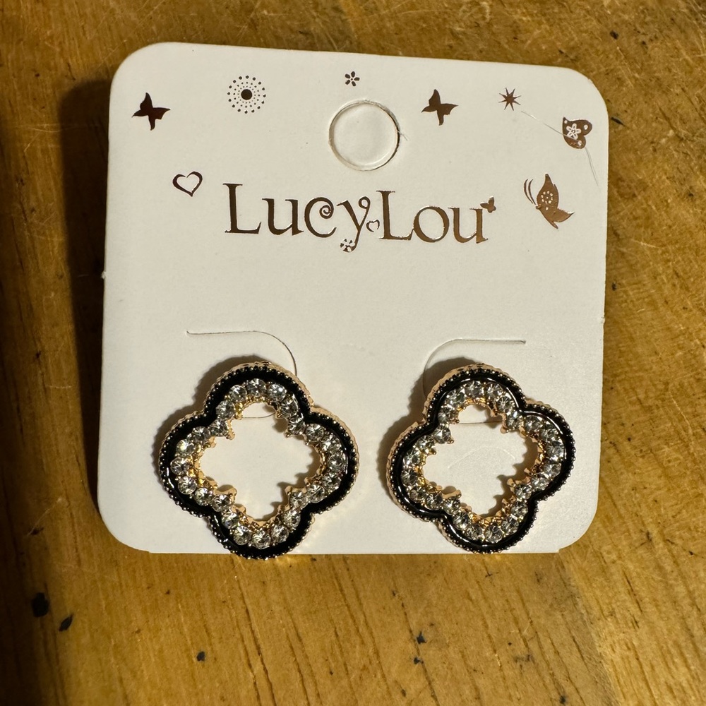 Lucy Lou Gold Tone Rhinestone Clover Earrings